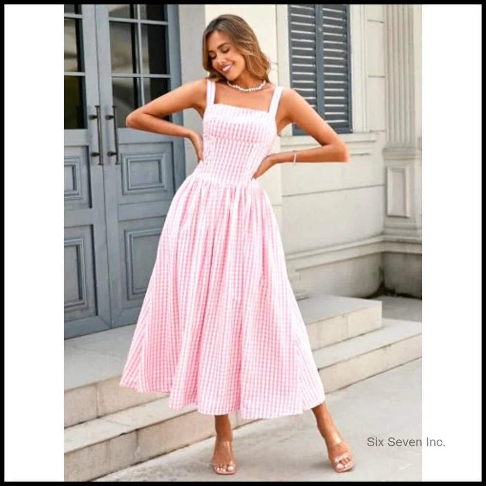 Summer Corset Midi Dress Flowy Square Neck Sleeveless Lace Wedding Guest - Picture 3 of 7